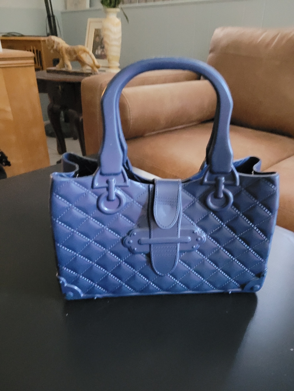 Blue Quilted Jelly Handbag with Top Handles